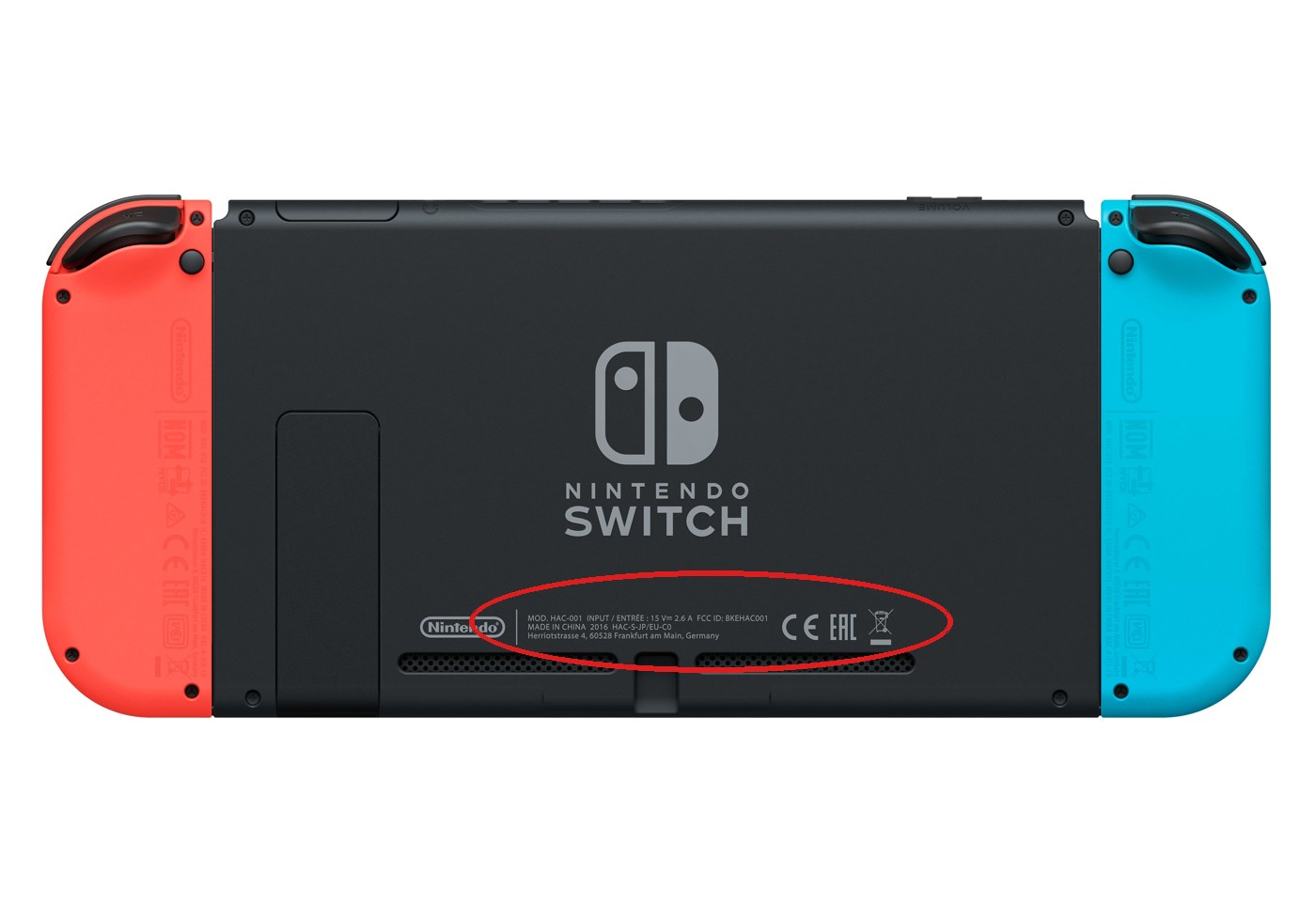 Modellnummer auf der Rückseite der Nintendo Switch, rot markiert